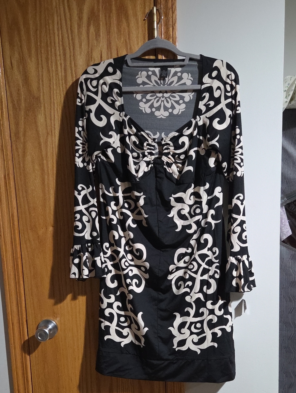 INC International Concepts Black Dress with Cream Scroll Print